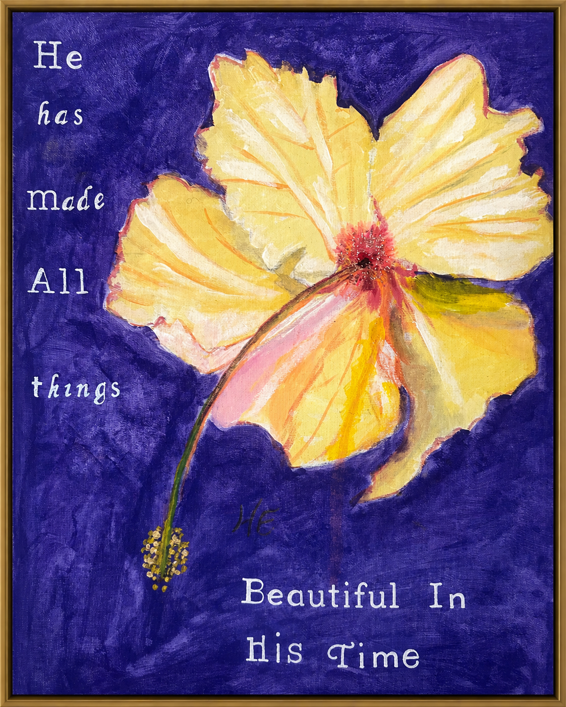 Yellow Hibiscus Flower with Purple Background-He Has Made All Things Beautiful Ecclesiastes 3:11