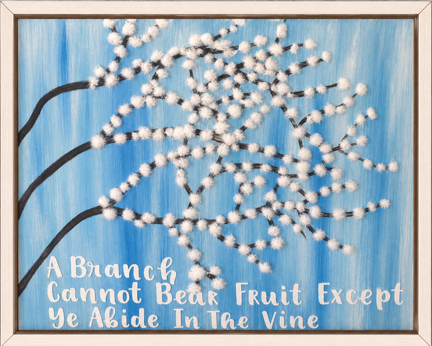 Abstract Mixed Media Blue Background Cherry Blossoms-Abide in Christ John 15:4
