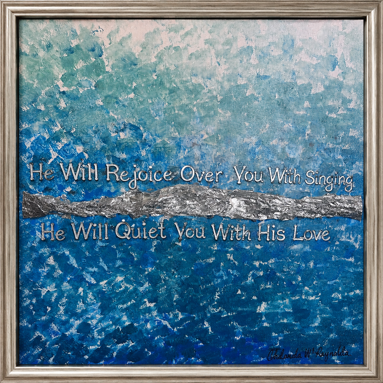 Abstract Blue Mixed Media Signature Piece - God Rejoices Over You With Singing Zephaniah 3:17