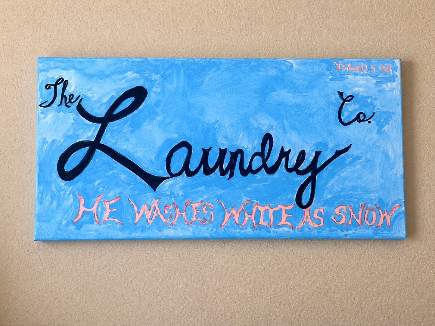 Blue Laundry Art Sign-He Washes White As Snow Psalms 51:7 9x12