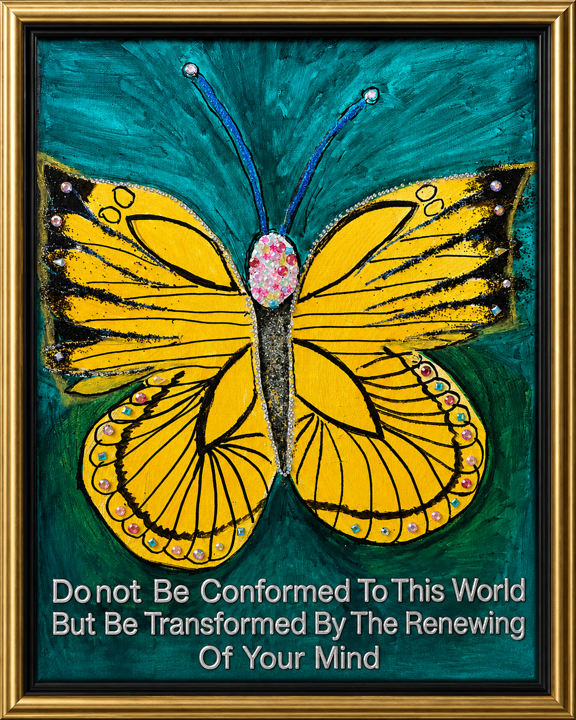 Abstract Yellow Jeweled Butterfly with Green Background - Transformation Romans 12:2