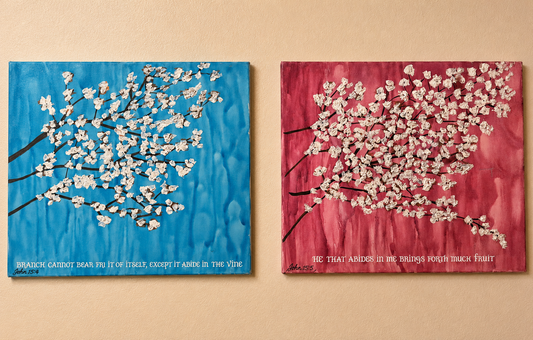 Abstract Set Cherry Blossoms on Blue and Pink Background - Abide in Christ John 15:4,5